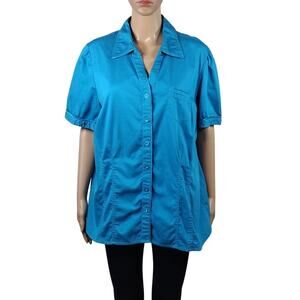 Lane Bryant Blue Button Down Short Sleeve V-Neck Collar Cotton Plus Size Shirt